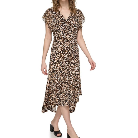 Calvin Klein Neutral Black Brown Tan Asymmetrical Jersey Midi Dress - NWT - L - Picture 2 of 14